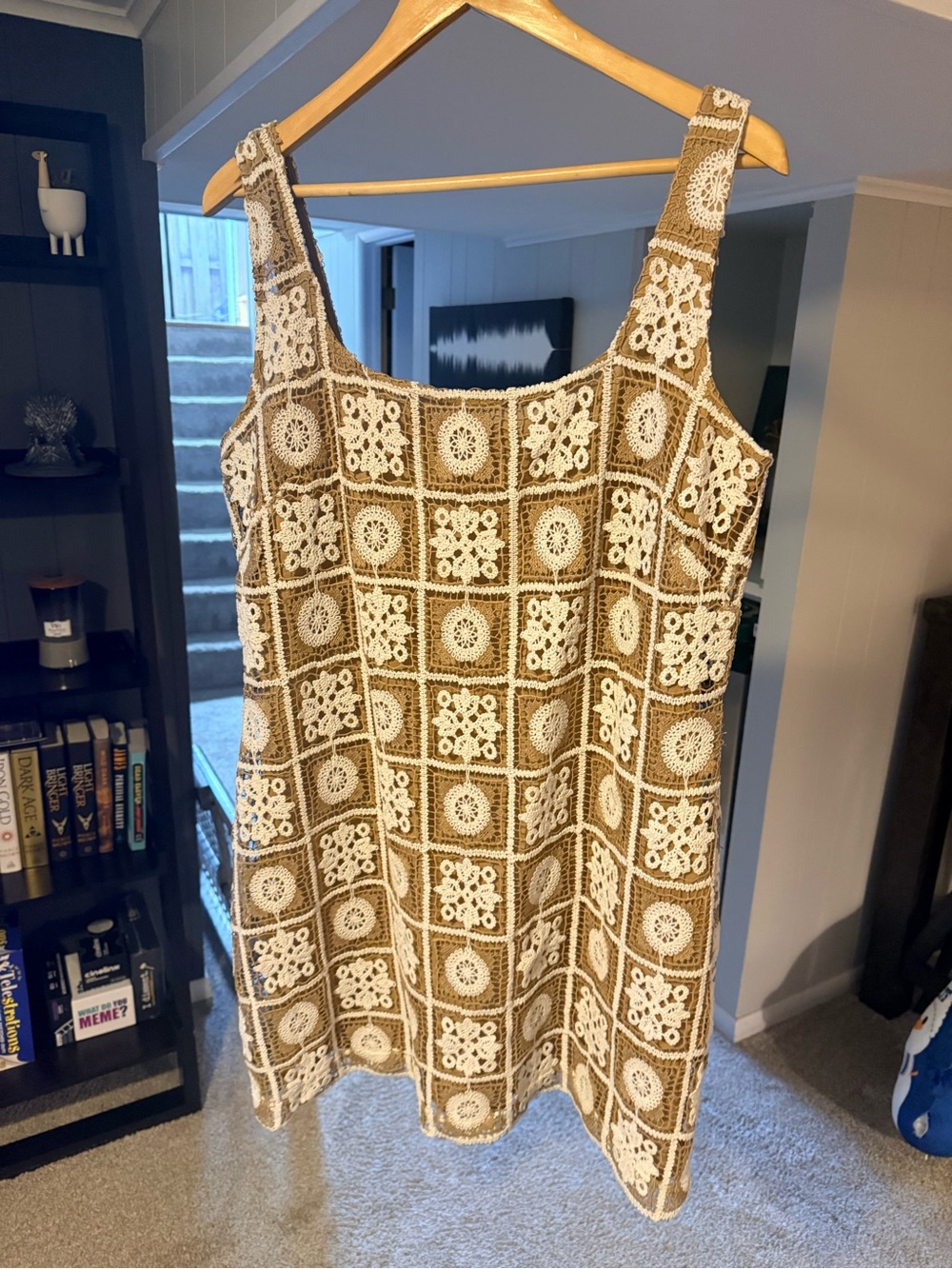 LOFT Crochet Square-Panel Tank Dress in Beige and White